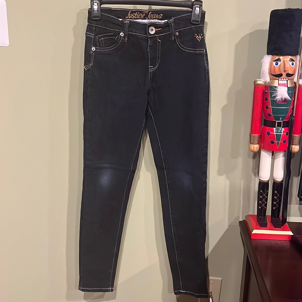Like NEW Girls Justice Simply Low Straight Leg Dark Wash Skinny Jeans. Size 12R.